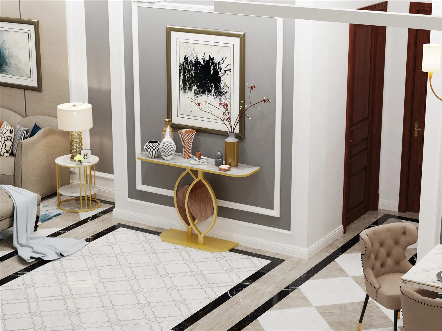 Modern Gold Console Table with Geometric Metal Base, Sintered Stone Narrow Entryway Table Foyer Table for Entrance, Living Room