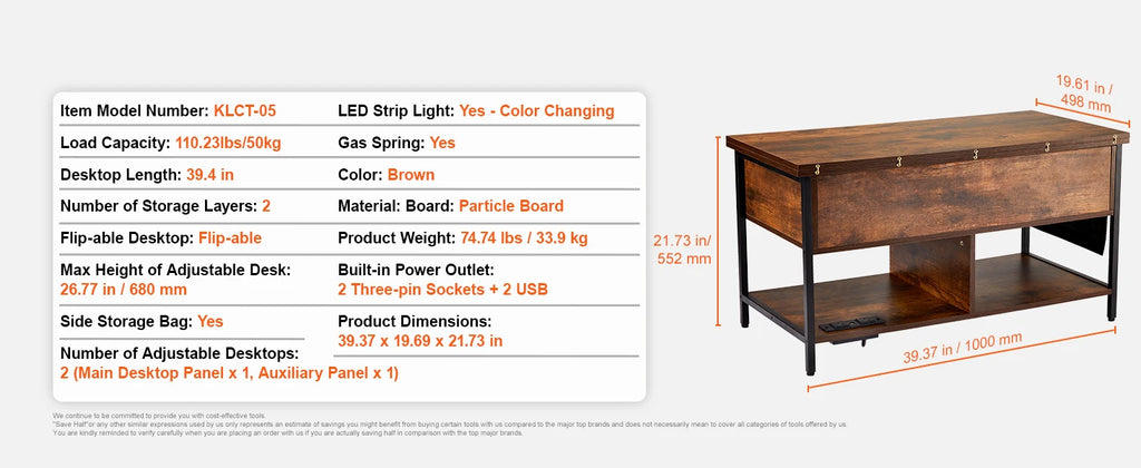 VEVOR Lift Top Coffee Table Round Rectangle Table with Extra Storage Pockets Pop Up & Flipable Coffee Table for Living Room