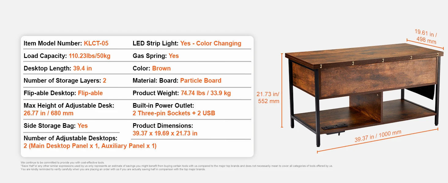 VEVOR Lift Top Coffee Table Round Rectangle Table with Extra Storage Pockets Pop Up & Flipable Coffee Table for Living Room