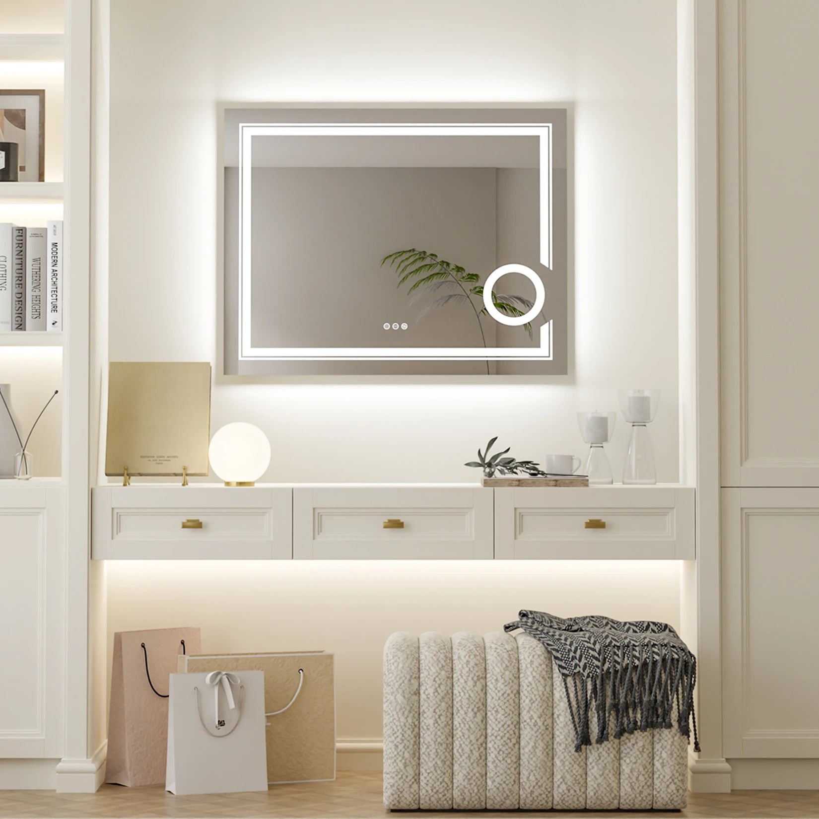 Wisfor LED Lighted Smart Bathroom Mirror 3X Lighted Magnifier Wall Mounted White Light Front Backlit Dimmable Anti-Fog