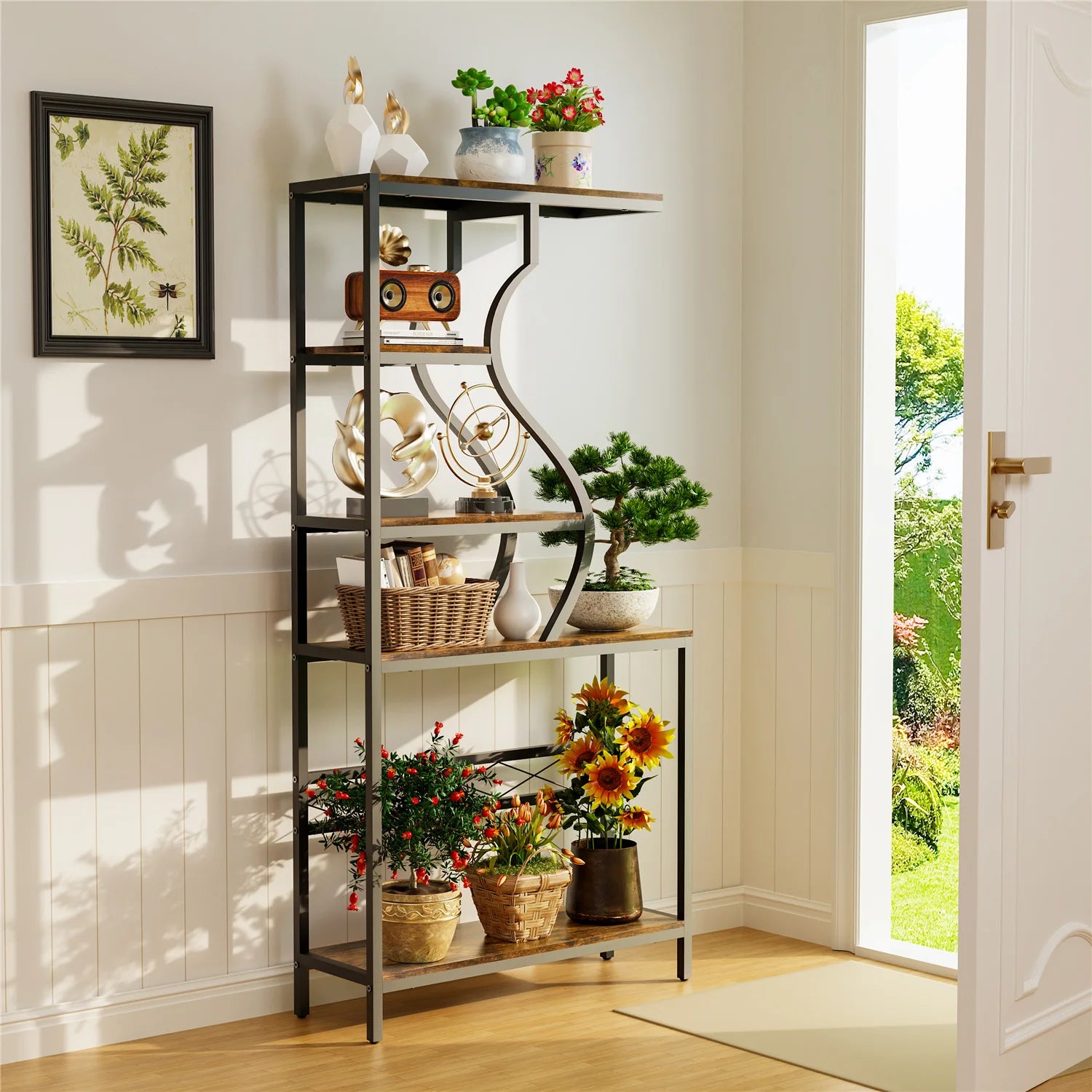 Vintage Industrial Tall Plant Stand - 5-Tier Rustic Shelf Display Unit for Home, Patio, Garden Flower Storage Cabinet & Bookcase