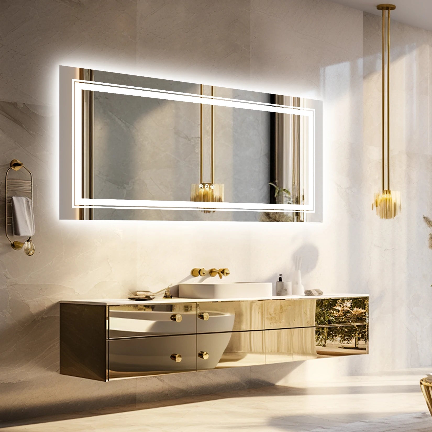 42x20 Inch LED Livingroom Mirror Decor Vanity Mirrors with 3 Colors Front Light and Backlit Memory Dimmable Anti-Fog Water Proof