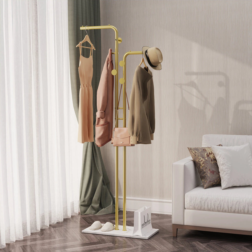 Metal Coat Rack Freestanding with Natural Marble Base, Entryway Coats Hanger Stand with 5 Hooks, Home Hotel Hall Tree for Coats