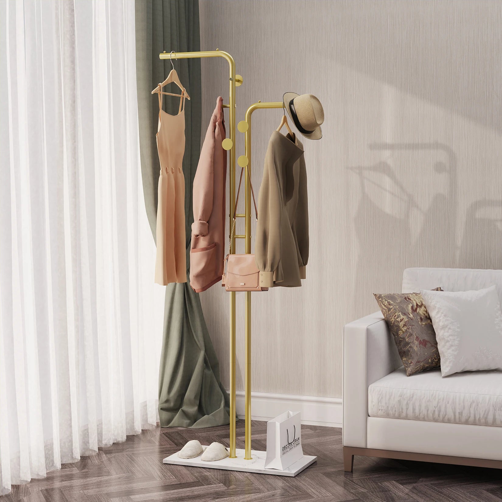 Metal Coat Rack Freestanding with Natural Marble Base, Entryway Coats Hanger Stand with 5 Hooks, Home Hotel Hall Tree for Coats