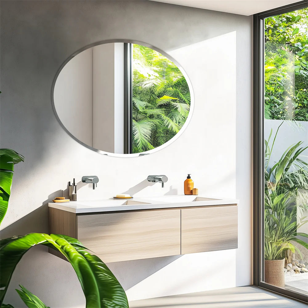Wisfor Frameless Oval Wall Mirror Silver Beveled Edge Bathroom Vanity Mirror for Modern Home Decor, Fireplaces
