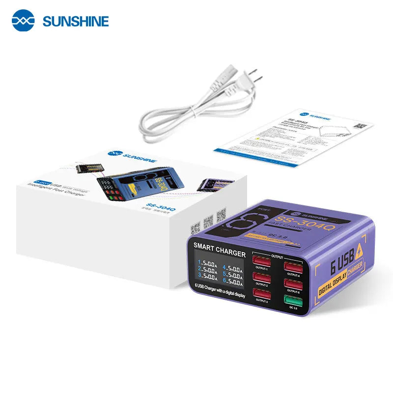 SUSNHINE 6-port Usb Digital Display Fast Charger for Phone Tablet Watch Charging
