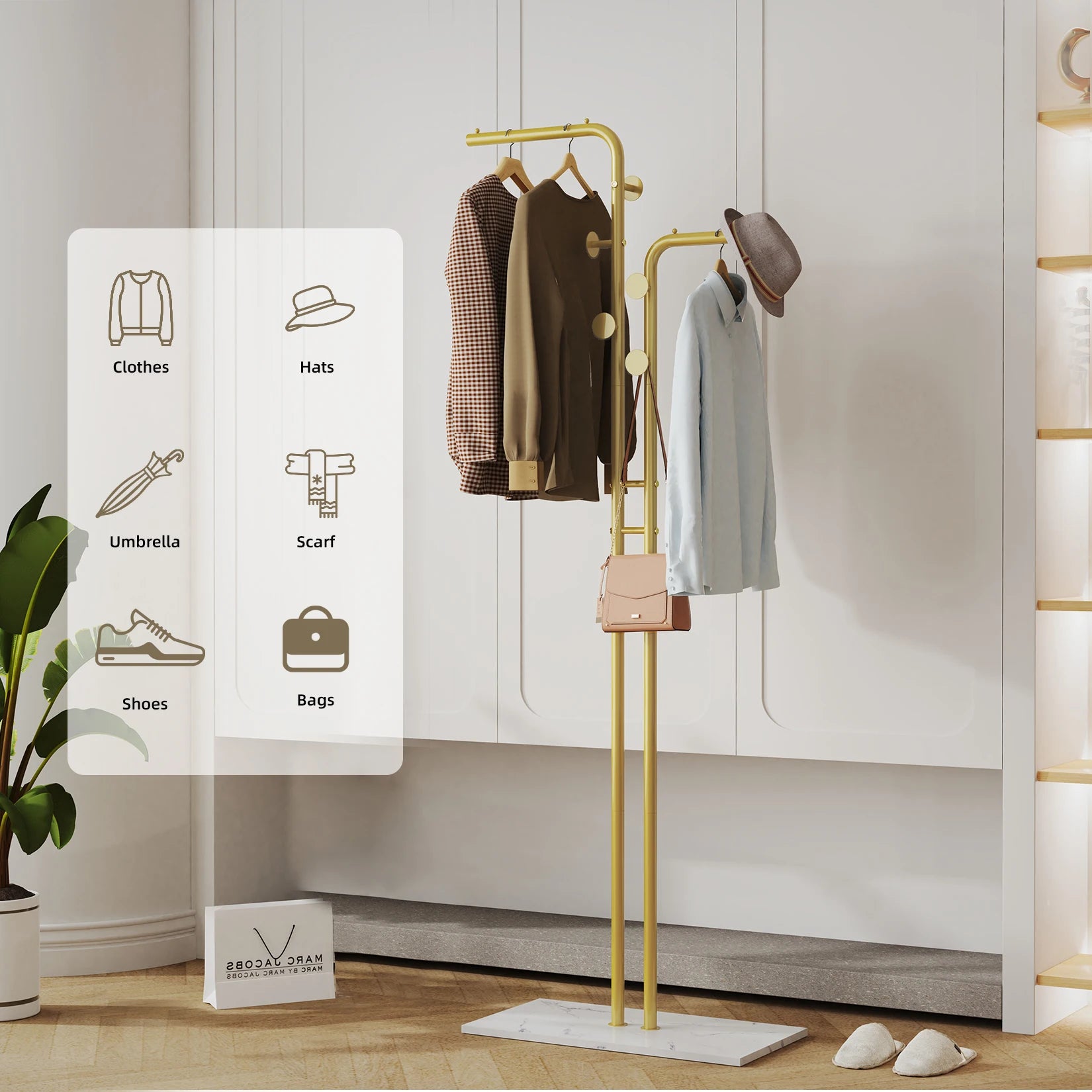 Metal Coat Rack Freestanding with Natural Marble Base, Entryway Coats Hanger Stand with 5 Hooks, Home Hotel Hall Tree for Coats