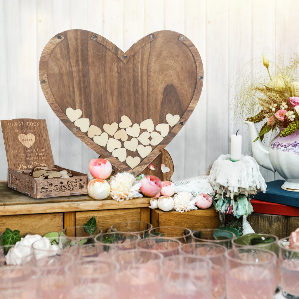 Wedding Guest Book Wooden 88pcs Heart-shaped Bracket Pastoral Wedding Storage Box Birthday Message Carving Carbonized Wood