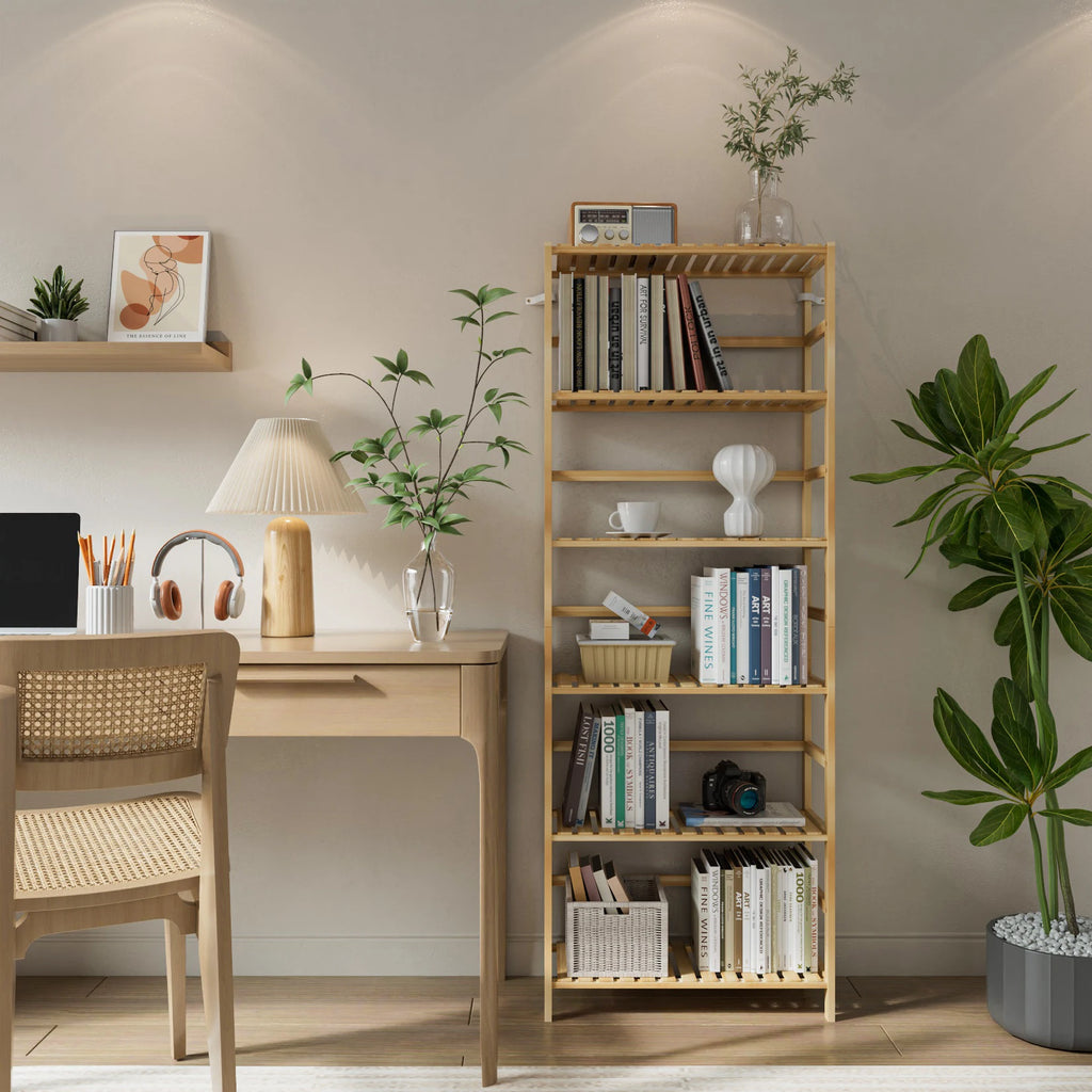 6 Tiers Bamboo Bookshelf Flower Rack with Adjustable DIY Shelves Free Standing Natural Wood Color Display Shelf for Living Room